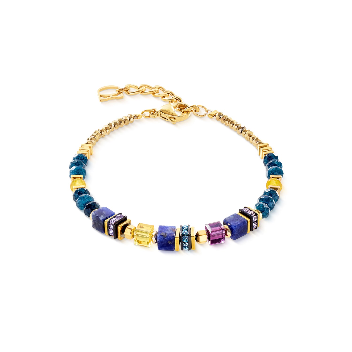 Sodalite, jade teinté, hématite avec finition à l'oxyde de titane, rondelles de strass, verre taillé