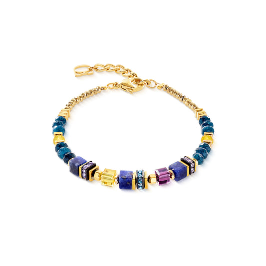 Sodalite, jade teinté, hématite avec finition à l'oxyde de titane, rondelles de strass, verre taillé