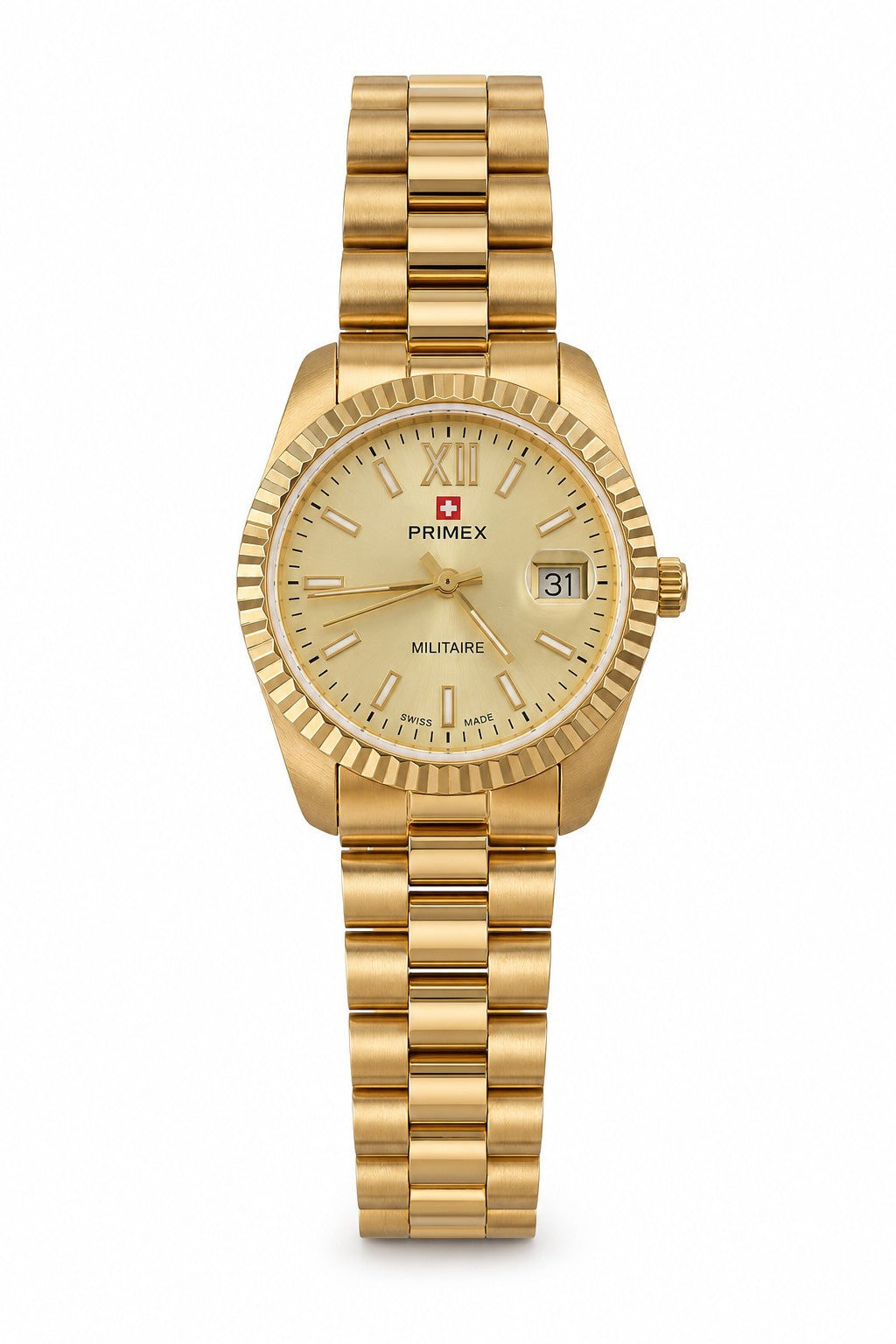 Montre femme Swiss Made dorée cadran champagne date