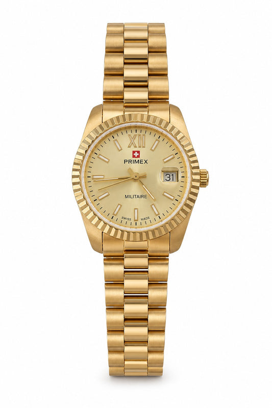 Montre femme Swiss Made dorée cadran champagne date