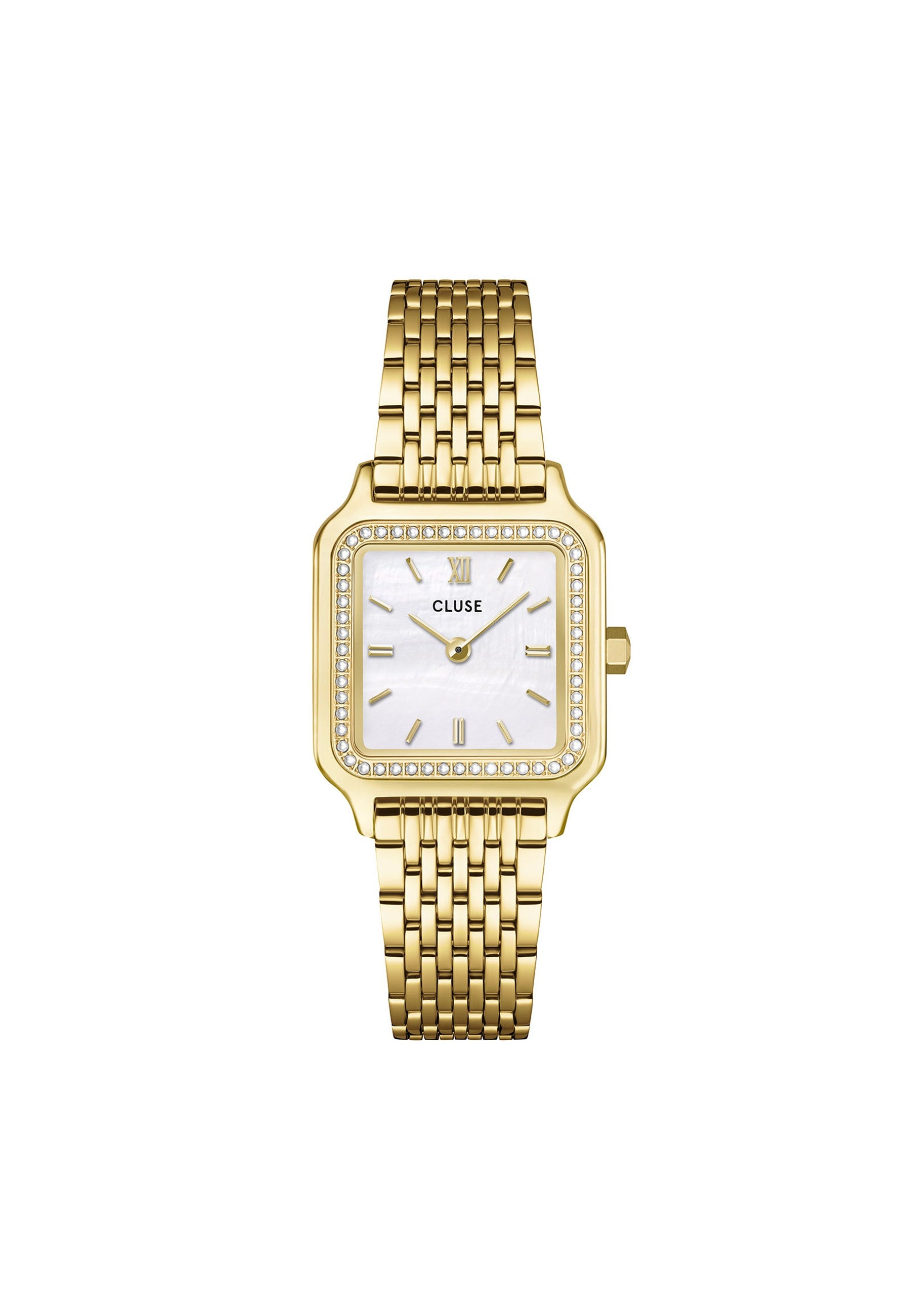 Montre gracieuse et petite en acier, perles de verre, couleur or