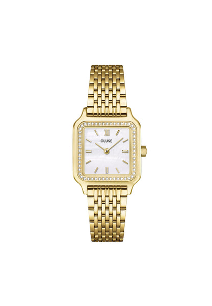 Montre gracieuse et petite en acier, perles de verre, couleur or