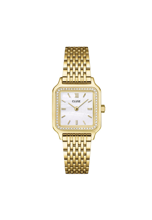 Montre gracieuse et petite en acier, perles de verre, couleur or