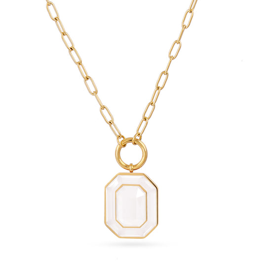 Collier femme acier doré pendentif cristal blanc octogonal