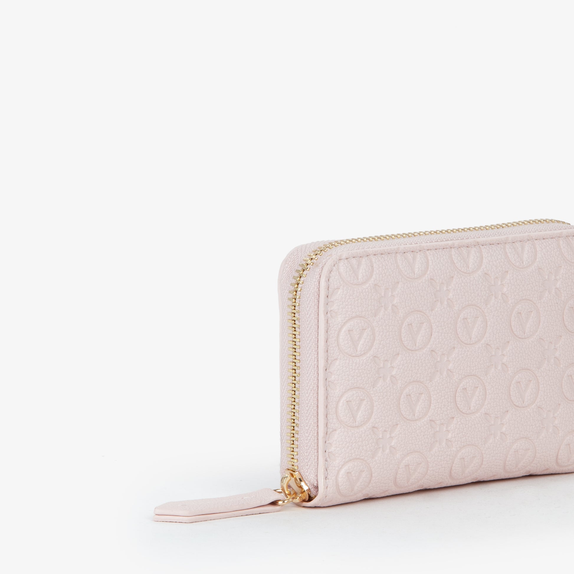 Portefeuille femme rose poudré monogramme zippé