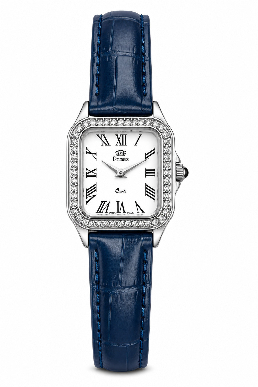 Montre femme Swiss Made carrée cristaux bracelet bleu