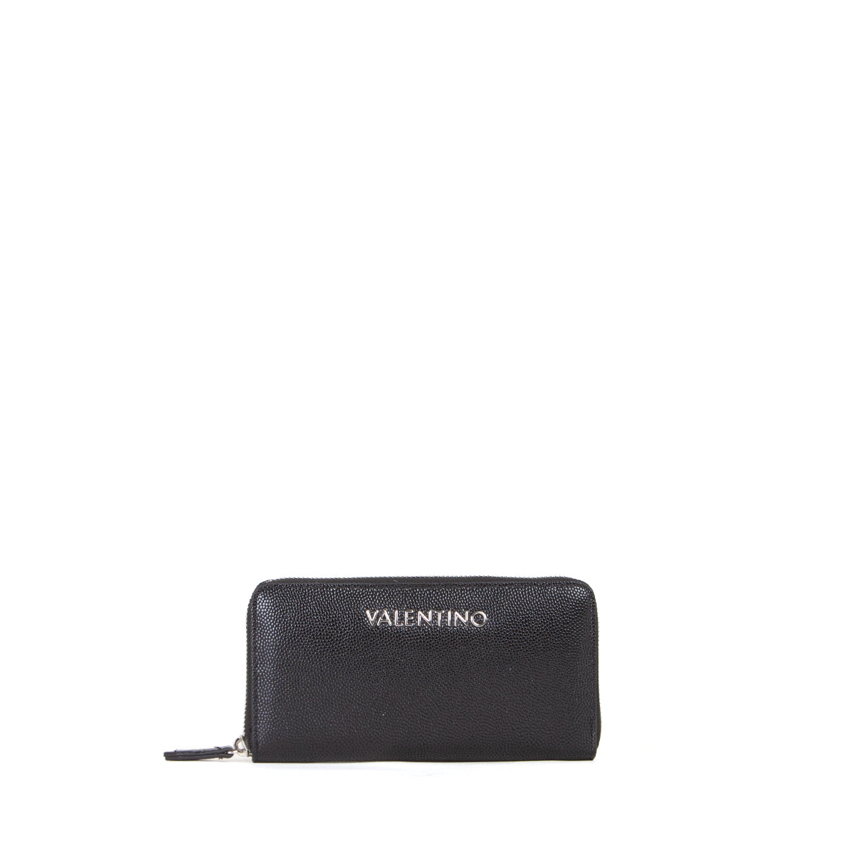 Portefeuille femme zippé noir grain caviar argenté