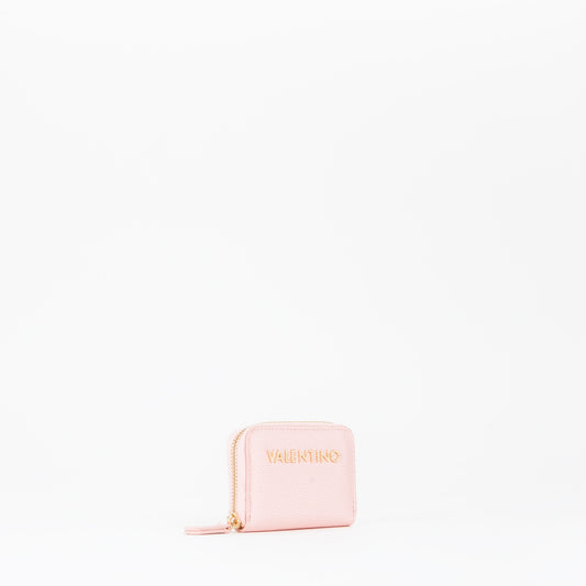 Portemonnaie femme rose pâle zippé logo doré