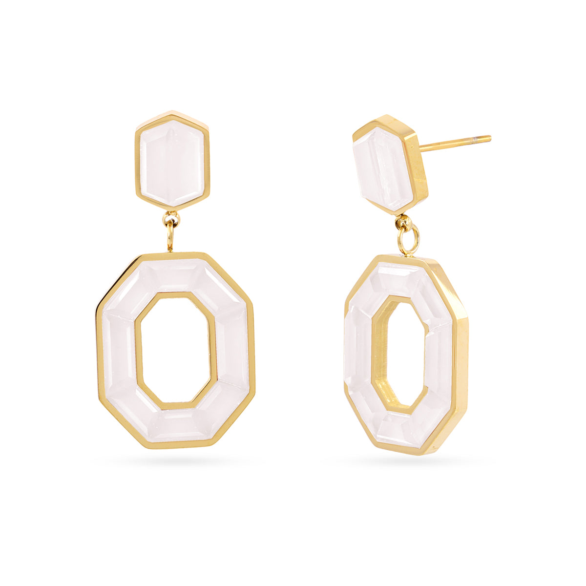 Boucles d'oreilles pendantes femme acier doré pierre blanche octogone