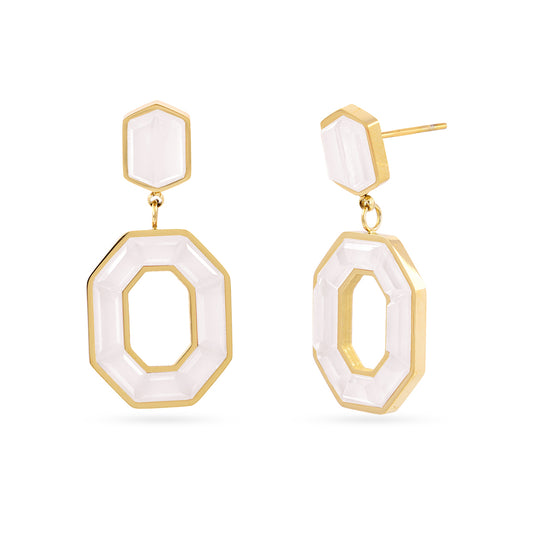 Boucles d'oreilles pendantes femme acier doré pierre blanche octogone