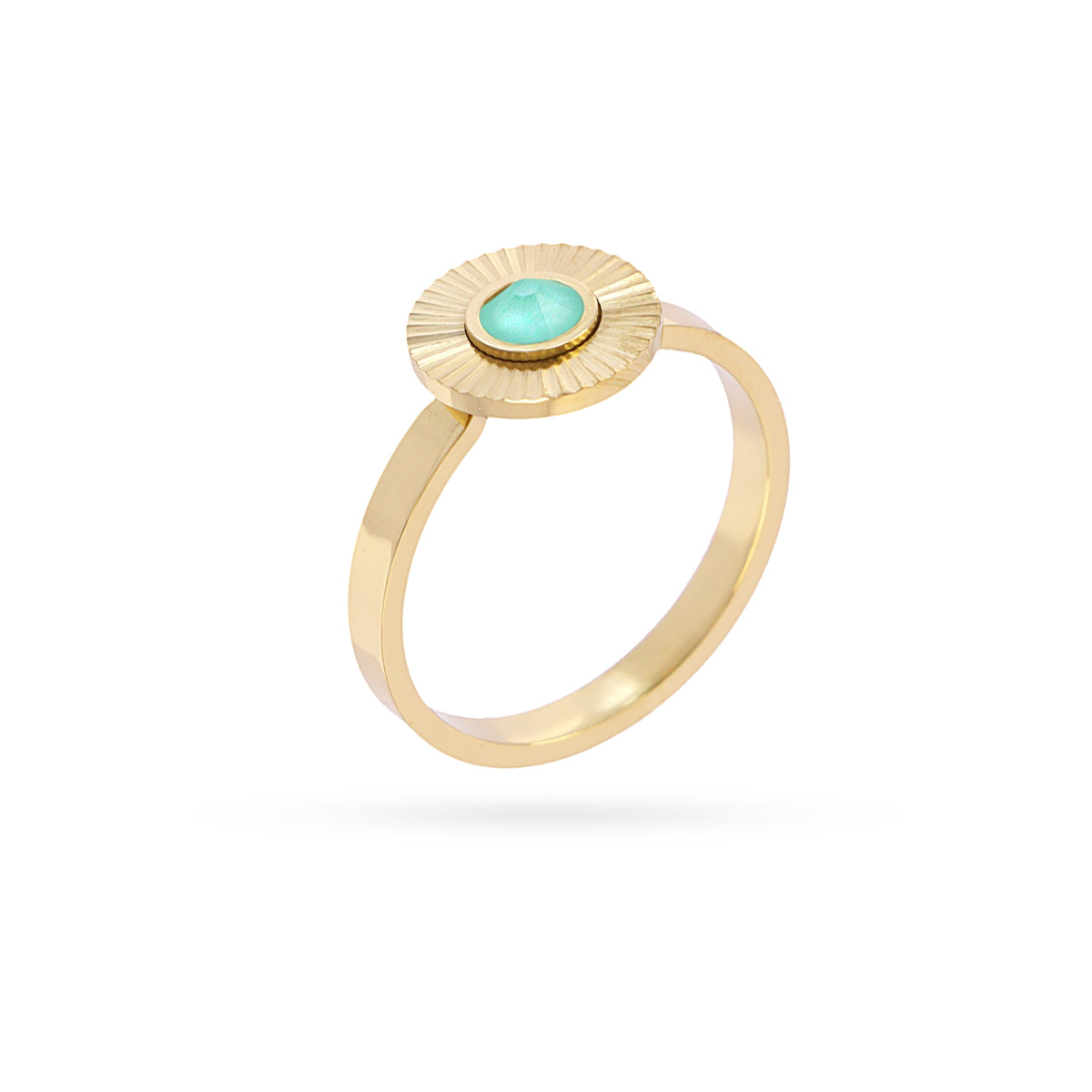 Bague femme acier doré pierre synthétique verte soleil