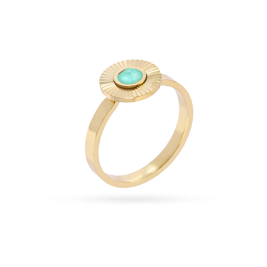 Bague femme acier doré pierre synthétique verte soleil
