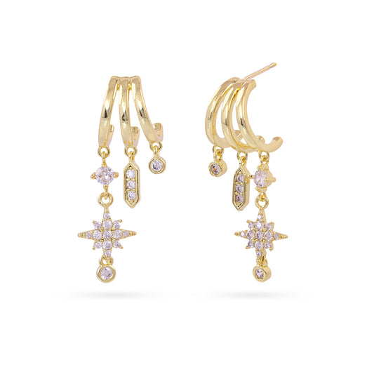 Boucles d'oreilles pendantes femme acier doré étoile zirconia