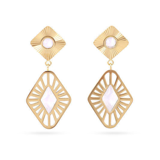 Boucles d'oreilles pendantes femme acier doré losange pierre blanche