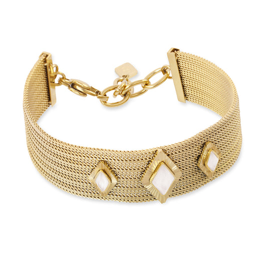 Bracelet femme acier doré maille large pierres synthétiques