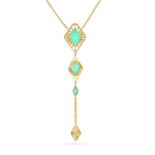 Collier femme acier doré pendentif losanges pierre verte