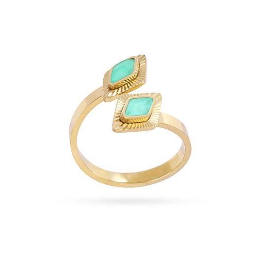 Bague femme acier doré pierres synthétiques turquoise ajustable