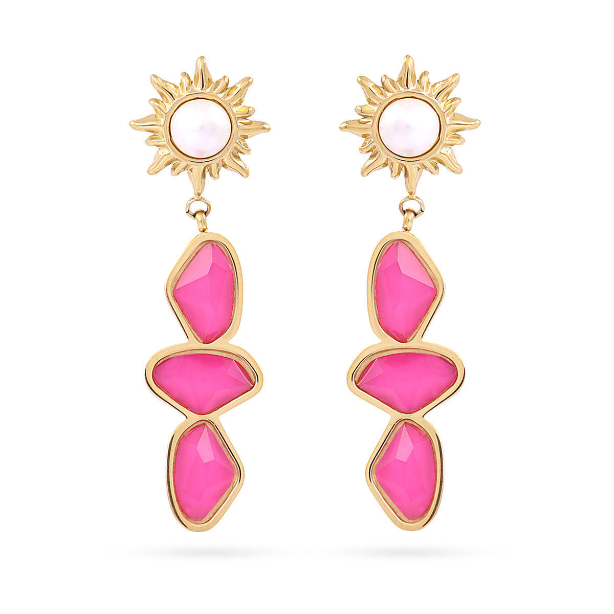 Boucles d'oreilles pendantes femme acier doré soleil pierre rose
