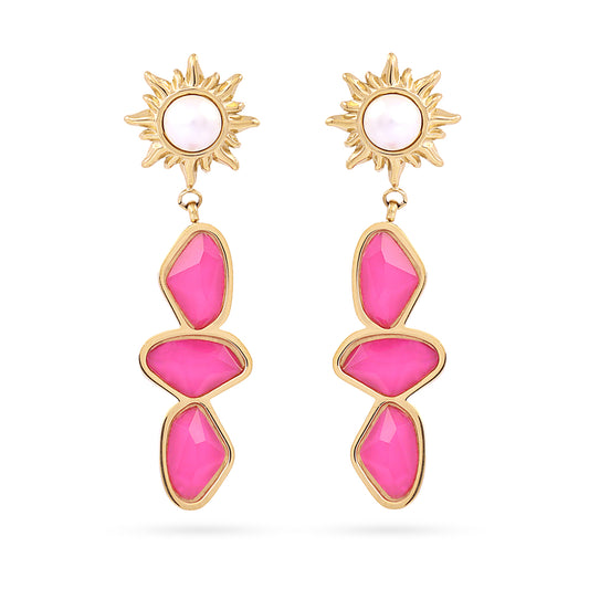 Boucles d'oreilles pendantes femme acier doré soleil pierre rose