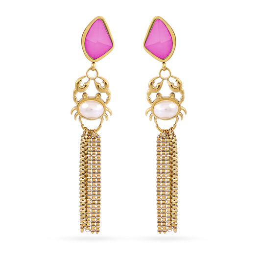 Boucles d'oreilles femme acier doré crabe perle glands chaînes