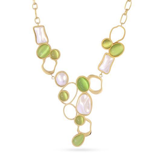 Collier femme acier doré pierres synthétiques vertes et nacre