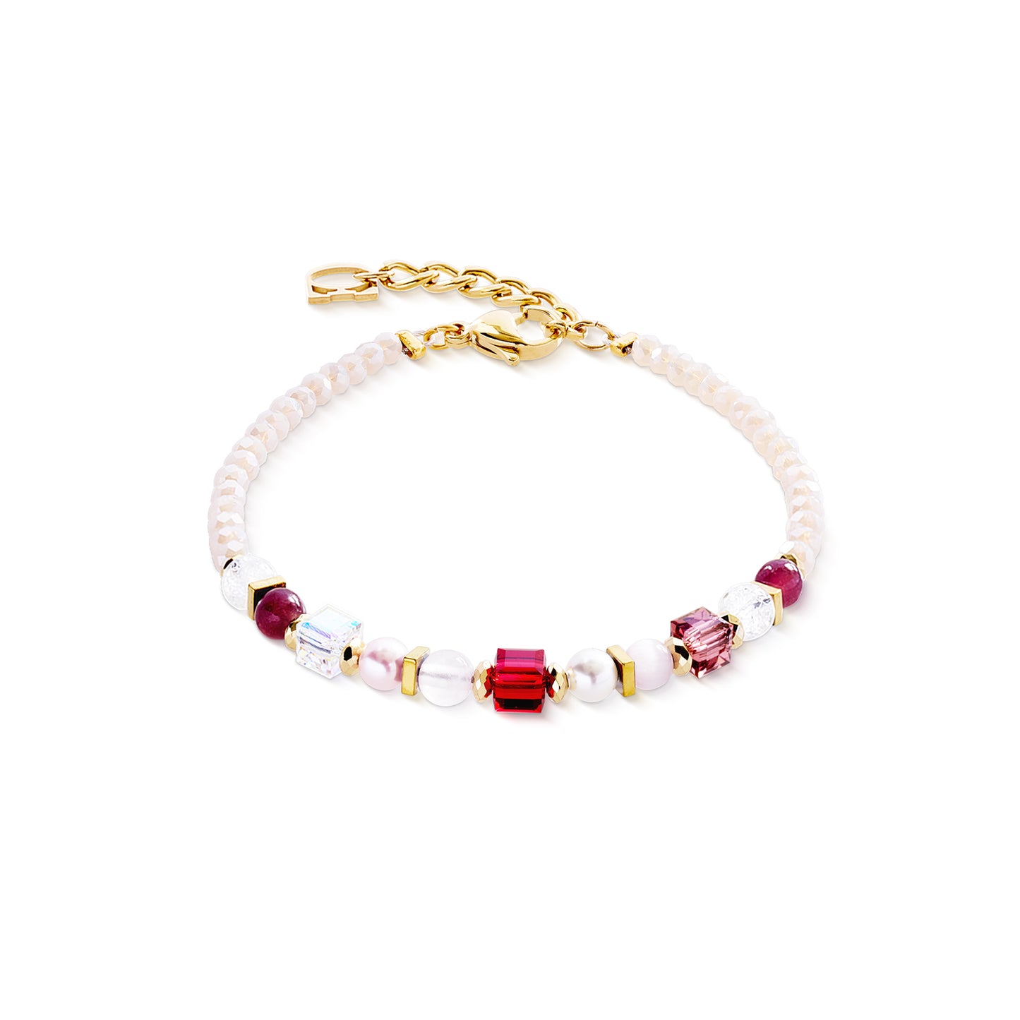 Lépidolite, quartz rose, cristal de roche, œil de tigre synthétique.