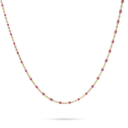 Collier femme acier doré perles émail rose fuchsia 40cm