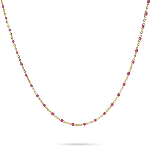 Collier femme acier doré perles émail rose fuchsia 40cm