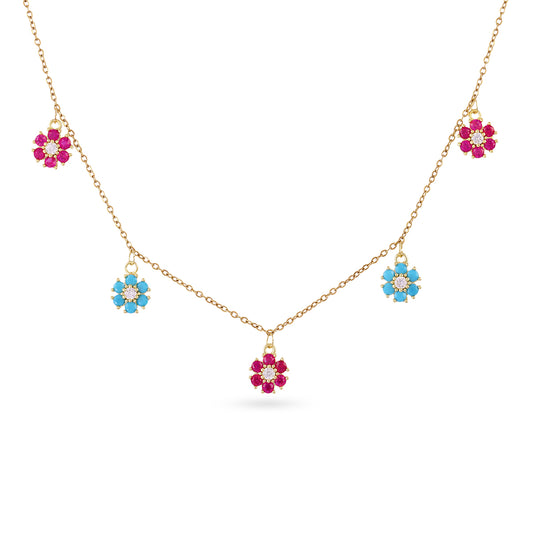 Collier femme acier doré fleurs zirconia multicolore 38cm