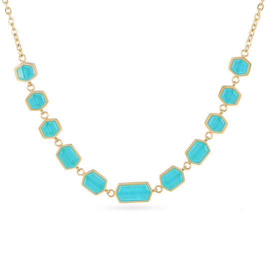 Collier femme acier doré pierres synthétiques turquoise
