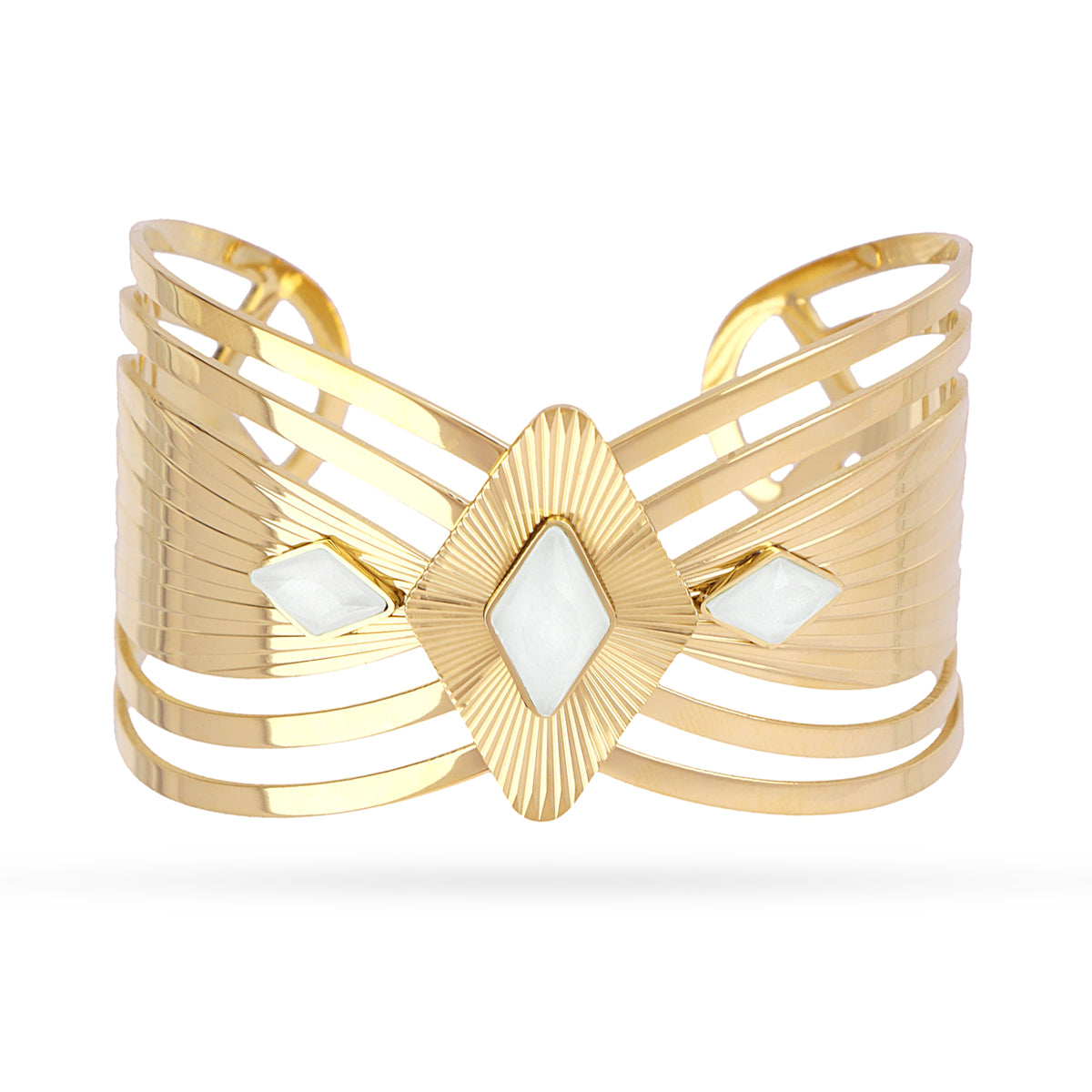 Bracelet manchette femme acier doré pierres blanches géométrique