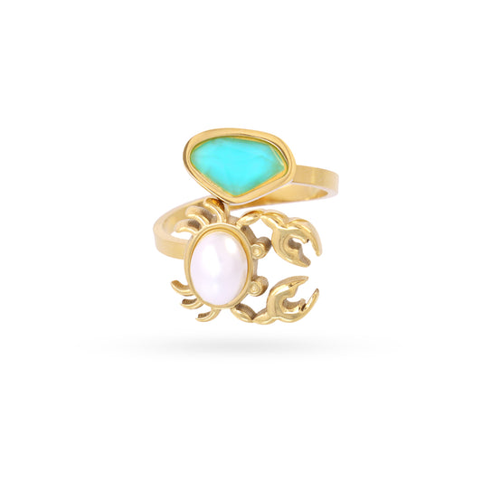 Bague femme acier doré crabe nacre et pierre turquoise