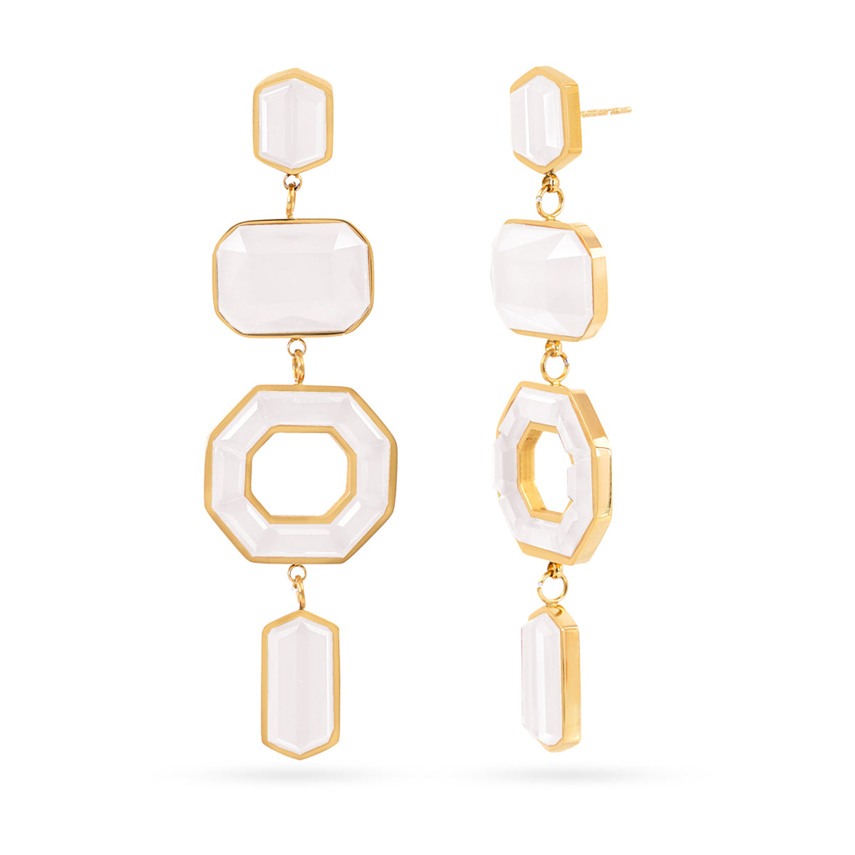 Boucles d'oreilles pendantes femme acier doré pierres blanches