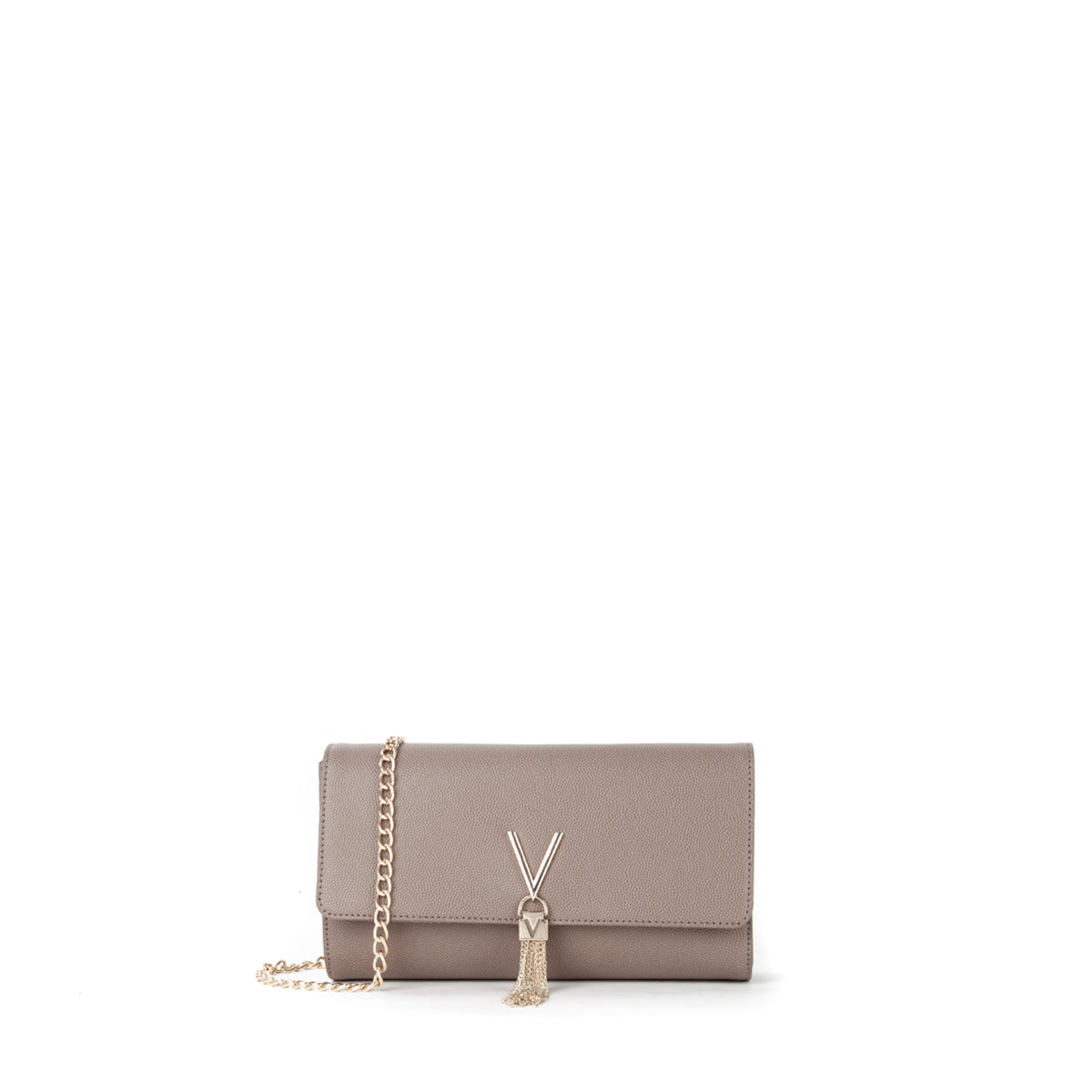 Sac pochette femme taupe chaîne dorée avec breloque