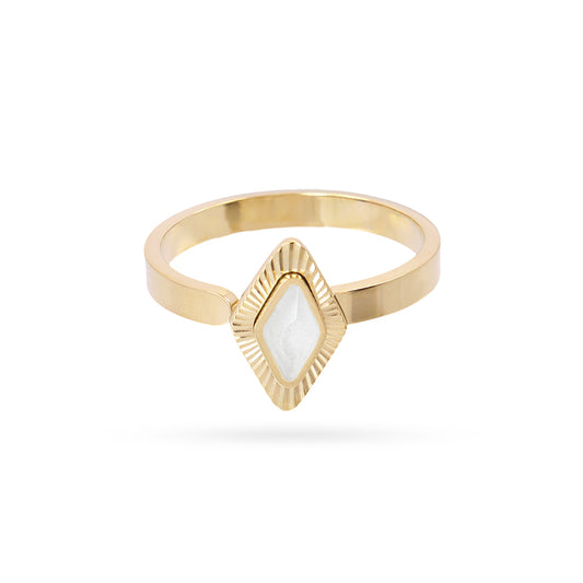 Bague femme acier doré pierre synthétique blanche losange