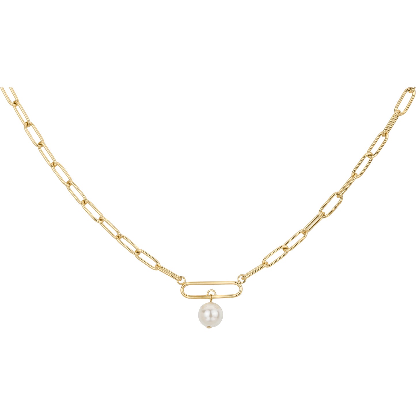 Collier femme acier doré maille rectangle pendentif perle