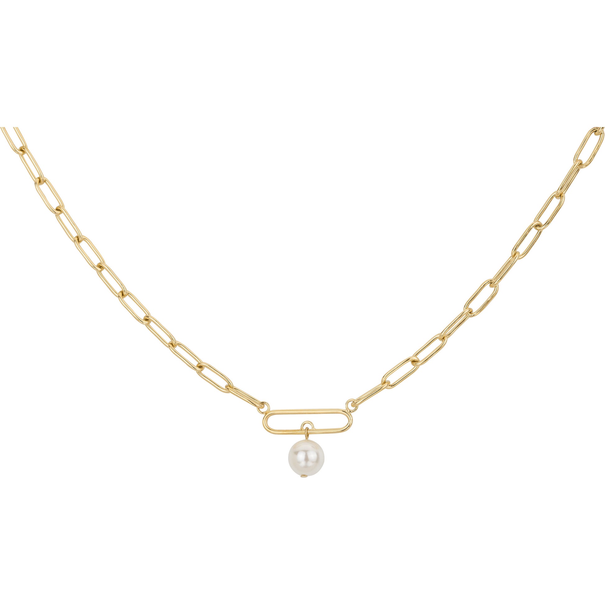 Collier femme acier doré maille rectangle pendentif perle