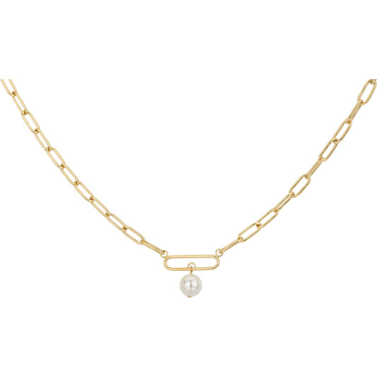 Collier femme acier doré maille rectangle pendentif perle