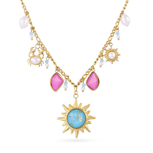 Collier femme acier doré soleil turquoise et charms colorés