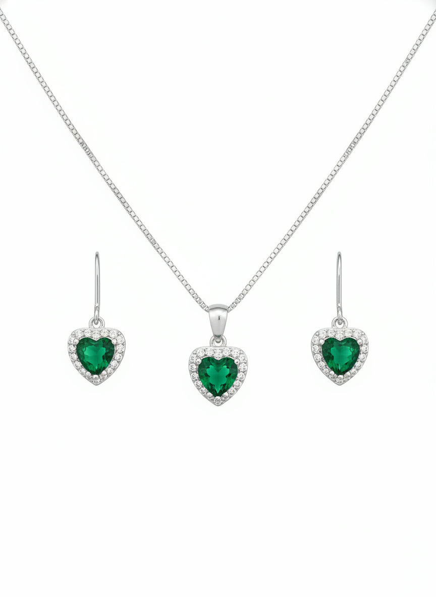 Parure femme argent rhodié cœur émeraude synthétique zirconia