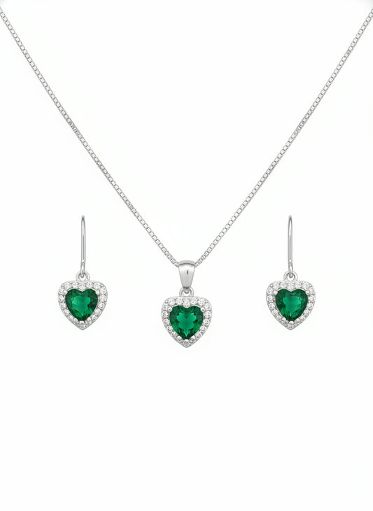Parure femme argent rhodié cœur émeraude synthétique zirconia
