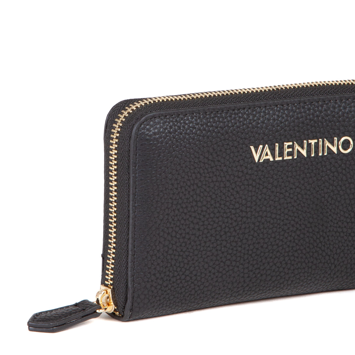 Portefeuille femme zippé cuir grainé noir détail doré