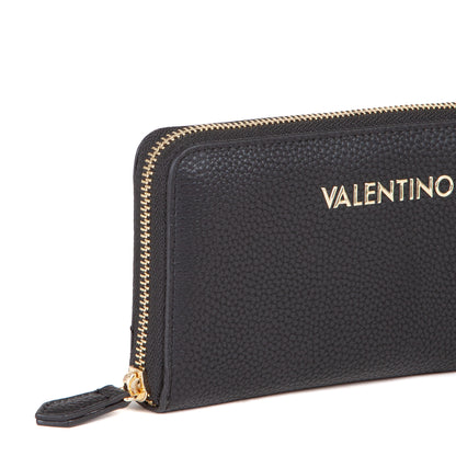 Portefeuille femme zippé cuir grainé noir détail doré
