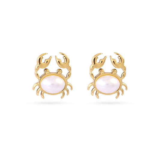 Boucles d'oreilles femme acier doré crabe perle synthétique