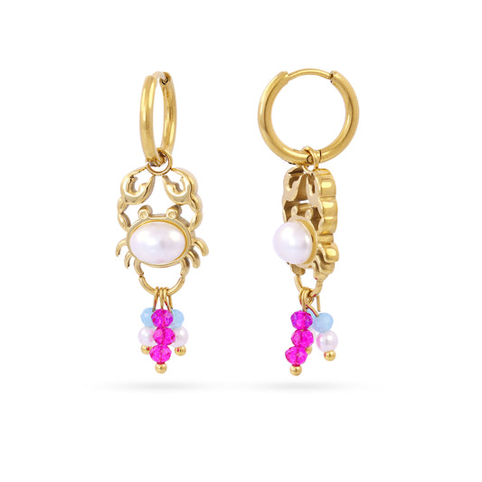 Boucles d'oreilles pendantes femme acier doré crabe perle