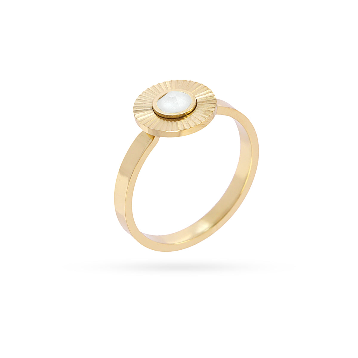 Bague femme acier doré pierre synthétique blanche soleil