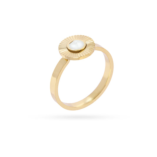 Bague femme acier doré pierre synthétique blanche soleil