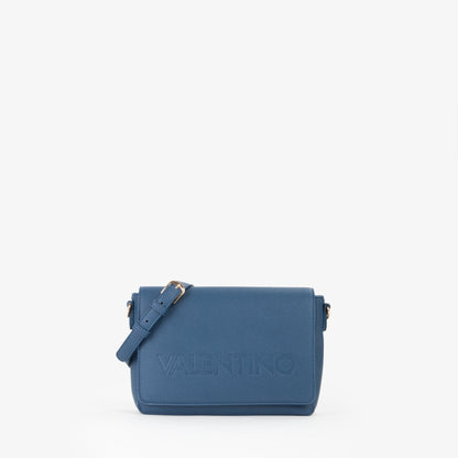 Sac bandoulière femme bleu cuir grainé logo embossé