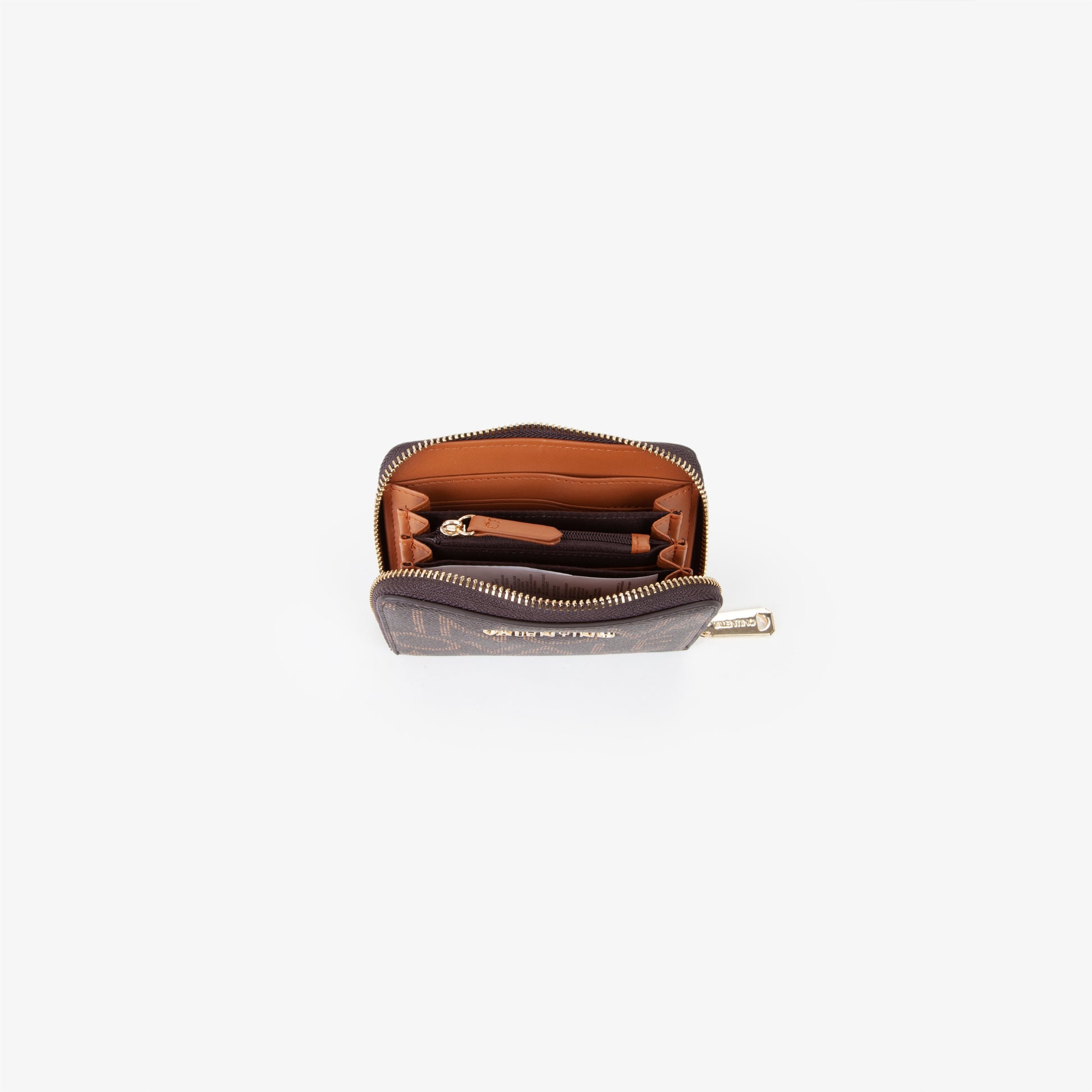 Portefeuille femme zippé motif monogramme brun camel