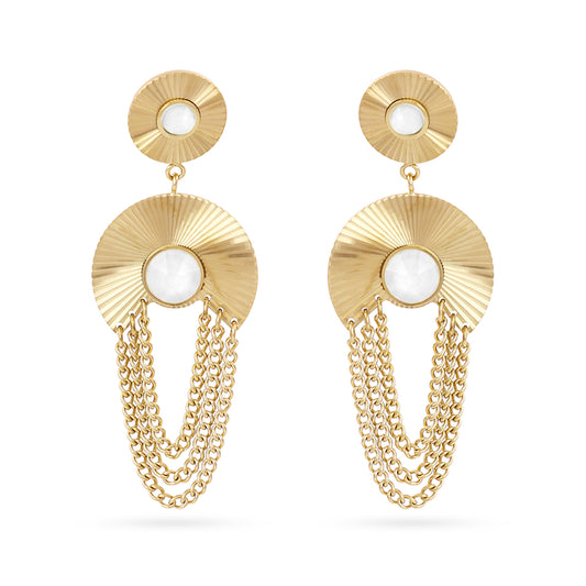 Boucles d'oreilles pendantes femme acier doré pierre blanche chaînes